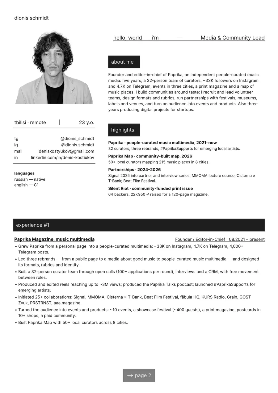 cv — media & community lead, page 1